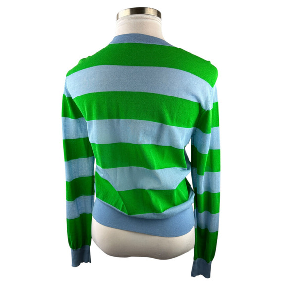 Diane Von Furstenberg Blue & Green Striped Top LS Mesh Sheer Stretch Medium - Picture 8 of 13